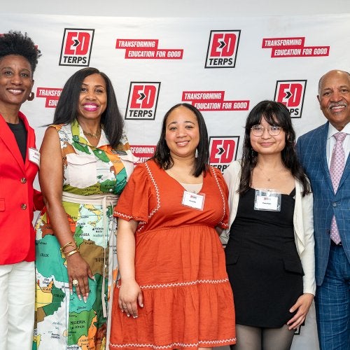 Dean Kimberly Griffin, Associate Dean for Educator Preparation Terrell Shockley, 2025 Elaine Johnson Coates '59 Scholarship recipients Ava Griffin and Paola Rojas Ava Griffin ’26 and Paola Rojas ’27, and Board of Visitors member Clemmie Solomon, Jr.